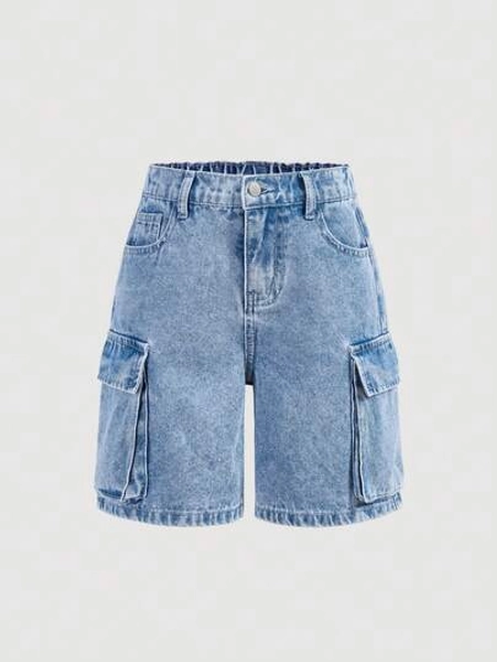 SHEIN Girlism Tween Girl Y2K Spring Summer Flap Pocket Side Baggy Straight Leg Denim Shorts, Summer Concert - Size 10Y