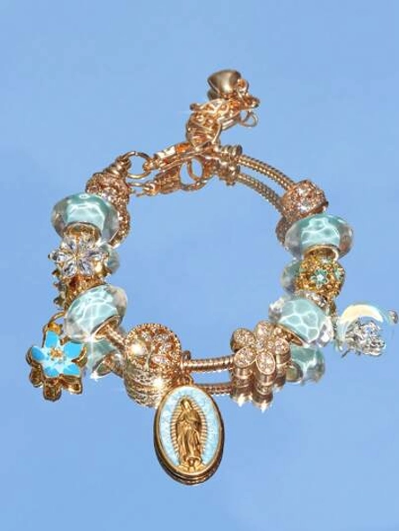 1pc Religious Virgin Mary Charm Bracelet, 1pc Religious Crescent Moon Bracelet, 1pc Fashionable Blue Sakura DIY Bracelet, 1pc Fashionable Heart Tree Of Life Bracelet