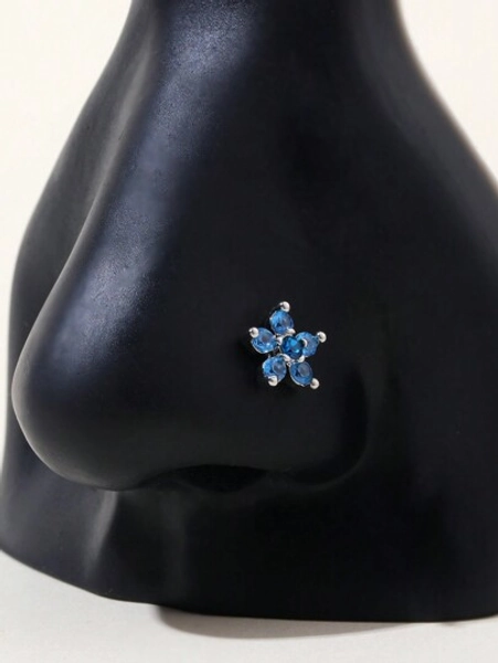 1pc Blue Zirconia Tiny Flower Nose Stud, For Women Daily Wear Valentines