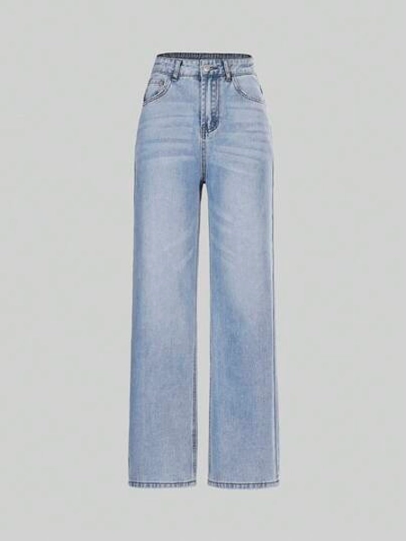 SHEIN Teen Girl Vintage Boho Urban Light Wash Elastic Waist Straight Jeans With Flat Pockets