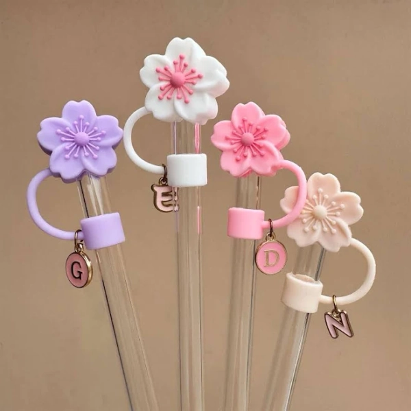 Flower Stanley Straw Cover with Letter Charm: Tumbler Accessory