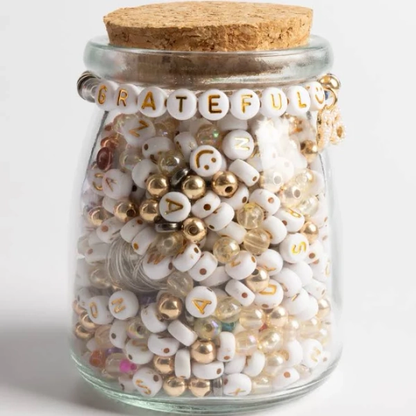 Grateful Metallic Gold Letter Bead Jar Pearl Bow Charm DIY Bracelet Kit