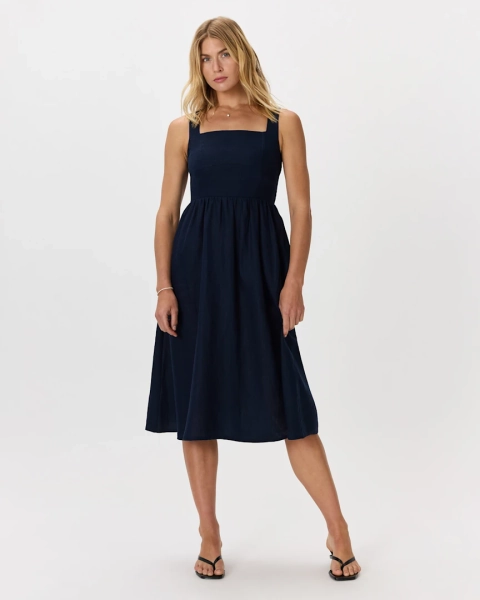 100% European Linen Fit & Flare Midi Dress in Red Classic Mini Gingham