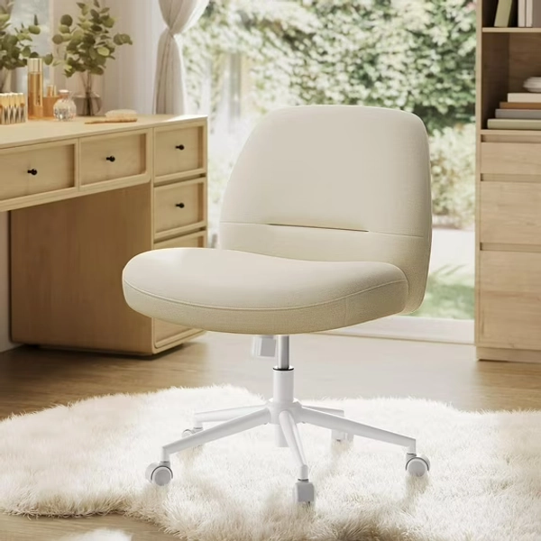 HOME Criss Cross Chair with Wheels, Armless Wide Comfortable Cross Legged Office Desk Vanity Chair, Adjustable Swivel, for Home Office, Cotton-Linen Fabric, Cream White UOBG047W03