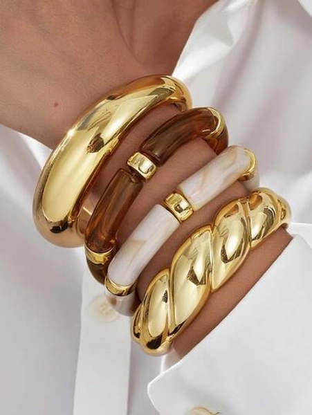 4pcs Vintage Minimalist Elegant Resin Acrylic Brown Elastic Bracelet & Bangle Set, Gold Stripe Smooth Open Cuff, Suitable For Women Everyday Wear, Holiday Gift, Stackable, 2025 New Arrival