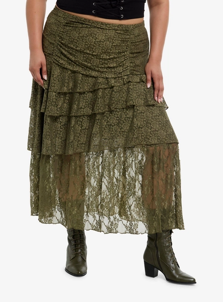 Thorn & Fable Moss Green Lace Layered Midi Skirt Plus Size