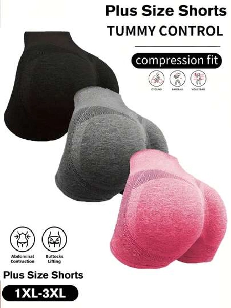 3pcs Women Plus Size Solid Color Seamless Yoga Shorts Quick Dry Indoor Yoga Outdoor Running Cycling Fitness Body Shaping Booty Lifting Shorts