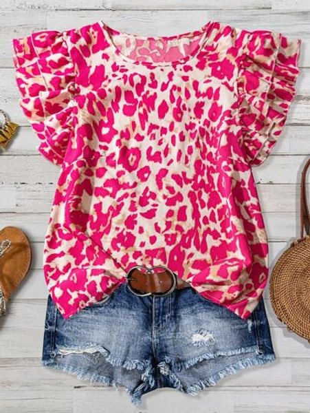 SHEIN Clasi Curve Plus Size Women's Daily Casual Elegant Romantic Rose Red Leopard Print Round Neck Double Layer Small Cap Sleeve Loose Shirt,Summer Outfits For Women,Vacation Outfits Women,Women Summer Clothes,Going Out Tops Women,Cute Summer Tops,Women Clothing Summer