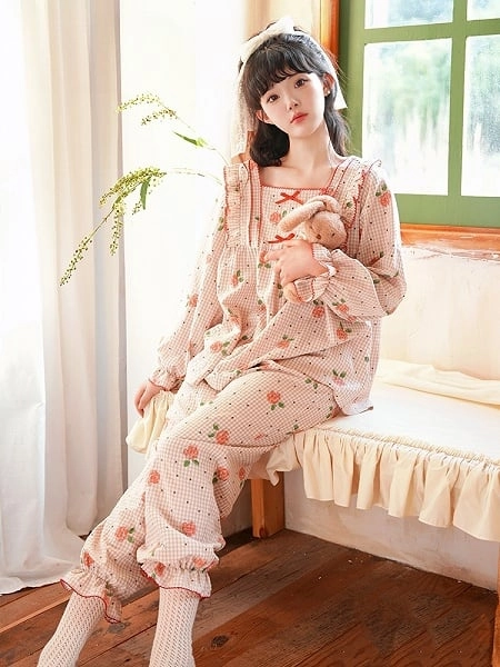 [£39.60]Floral Print Light Purple Plaid Pajama Set