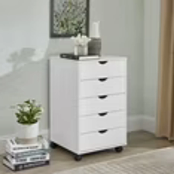 5 Drawer Storage Organizer, 25.39'' Height File Cabinets Dressers With Wheels, Wood Underdesk Cabinet For Home Office, Bedroom, Study, White