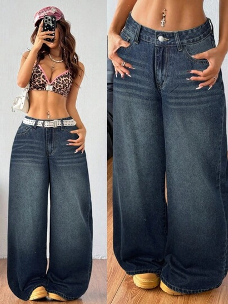 Coolane Women's Solid Color Pocket Casual Loose Wide Leg Jeans