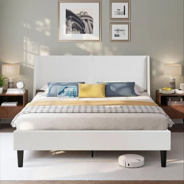 VECELO Upholstered Bed Frame with Headboard and Wingback White Bed Frame Platform Bed with USB and Type-C Ports