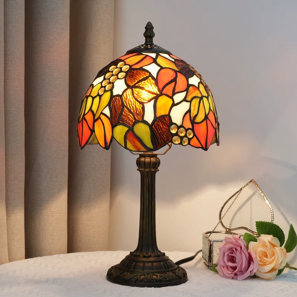 Tiffany Table Lamp Metal Leaf Pretty Girl Yellow Red Grape Style Stained Glass Reading Lamp Antique Mission Lamp