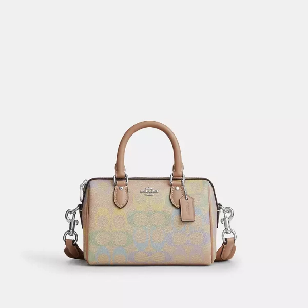 Coach Silver/Sand Multi Mini Rowan Crossbody Bag In Rainbow Signature Canvas