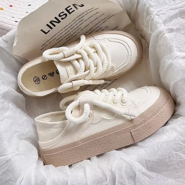 New Lace-up Vulcanized Shoes Autumn Women's 2024 White Canvas Sneaker All-match Round Toe Flat Casual Outdoor Running - AliExpress 