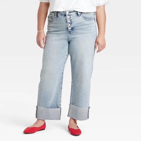 Women's High-Rise Cuffed Straight Jeans - Ava & Viv™ Light Wash 24: Plus Size Denim, Midweight Fabric, Stretch, 28" Inseam