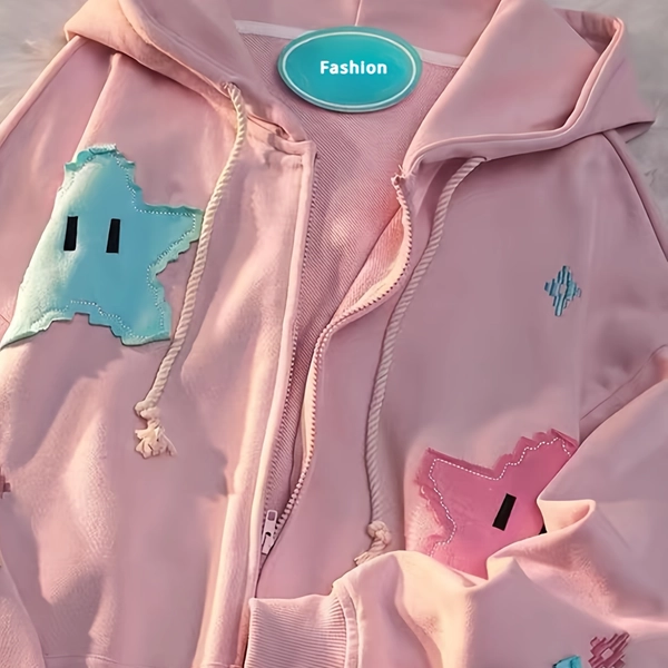 Y2K-Inspired Star Patchwork Hoodie for Women - Modal, Zip-Up, Oversized Streetwear with Embroidery Detail, Machine Washable