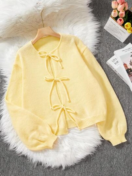 [Tops] Butter Yellow Knotted Long Sleeve Cardigan - Minimalism, Office Wear, Vintage, Simple, French Style. Women's Solid Color Knitted Cardigan Sweater, Can Be Worn Over Blouses, Plus Size Cute Open Cardigan