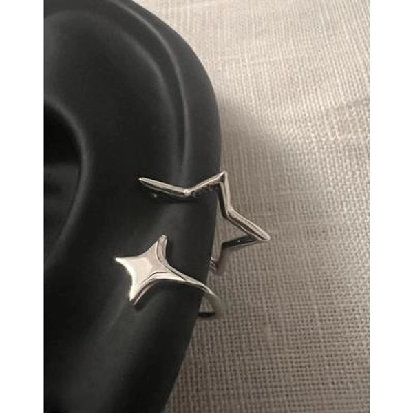 925 Sterling Silver Asymmetric Stars Ear Cuff - Four Pointed Star and Five Pointed Star