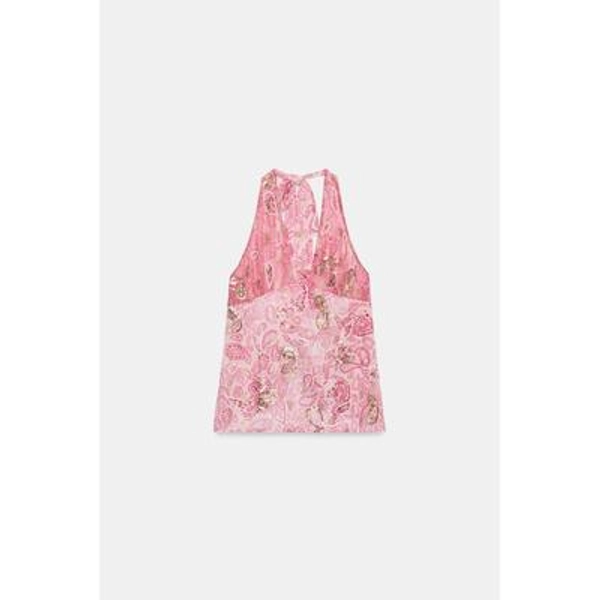 Zara - Beaded Printed Georgette Halter Top - Fuchsia - S - Woman