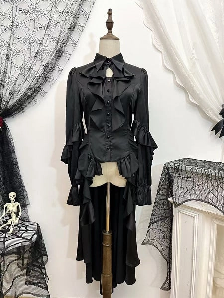 Ouji Lolita Black Gothic Detachable Cape Tail Shirt with Cascading Ruffle Accents