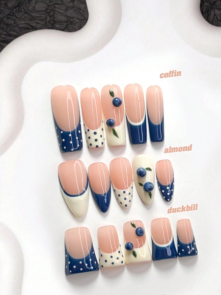 10pcs Handmade Press-On Nails, Polymer Material, Sweet Style, Blueberry Blue Tone, Fresh Summer Vibe, Includes Nail Tools, 3 Sizes Available: Almond/Duck/Coffin Shape, Suitable For Party, Dancing, Daily Wear