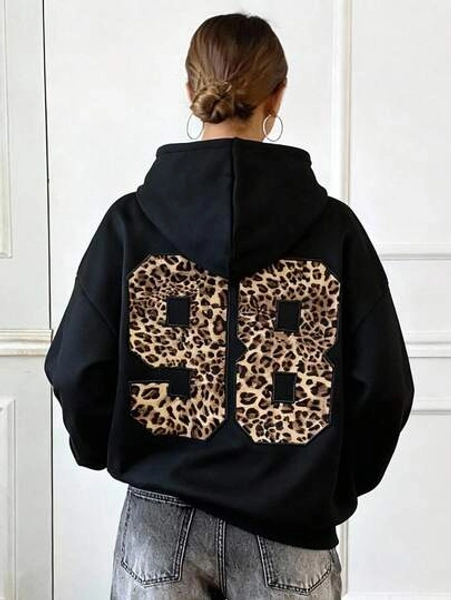 Teen Girls' Black Hoodie Sweatshirt With Pockets, Versatile Casual Everyday Wear, Leopard Print, Suitable For Halloween, Dark Style, Versatile Autumn Winter Clothes For Women Leopard Print Hoodie Hoodies For Teen Girls Hoodie Y2k Cheetah Print Hoodie