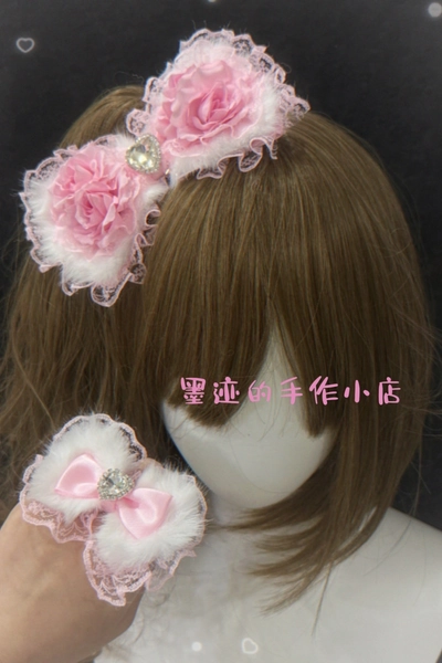 Moji Gyaru Retro Pink Plush Himegyaru Hairpin and Ring