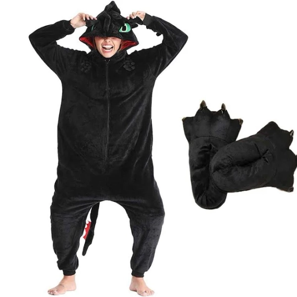 us_oregon Cozy Winter Animal Pajamas for Adults with Animal Dragon Train and Shoes - Toothless Flannel Onesie for PJs, Cosplay, and Family Fun - ...
