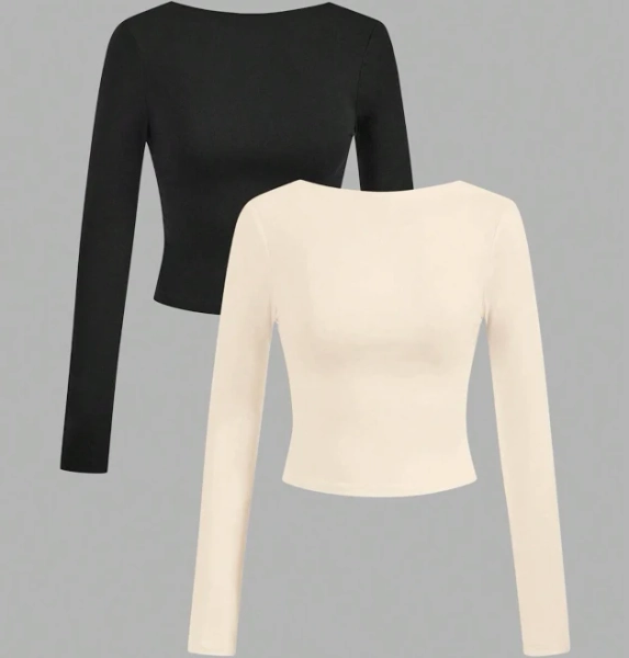 SHEIN Women's Backless Round Neck Long Sleeve Cropped T-Shirt