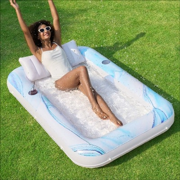 Sloosh Inflatable Suntanning Float Bed with Pillow, Suntan Tub Floatie Raft Tanning Pool for Adult - Blue Marble