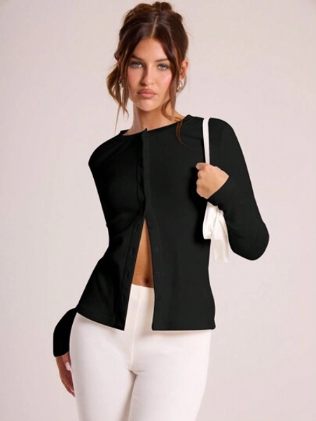 MUSERA Ribbed Button Through Long Sleeve Crew Neck Top Casual Vacation Airport Holiday Fall Back To School Autumn Winter Christmas Chic Elegant