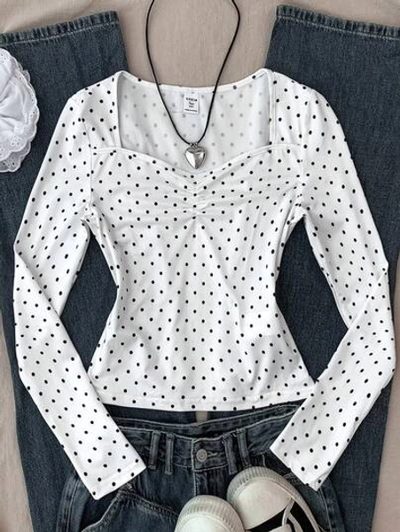 Teen Girls' Black & White Polka Dot Ruched Bust Fitted Long Sleeve Casual Minimalist T-Shirt