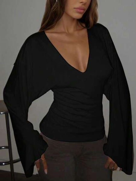 Elegant Black Knitted Top With Deep V Neck And Long Flare Sleeves High Stretch Fabric Pullover Halloween