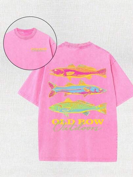 Men's Casual Summer Washed Cotton T-Shirt [Old Row Outdoor] Fish Print, Round Neck, Short Sleeves, Lightweight Cotton Knitted Fabric, Casual Summer Round Neck Shirt | Rib Details.