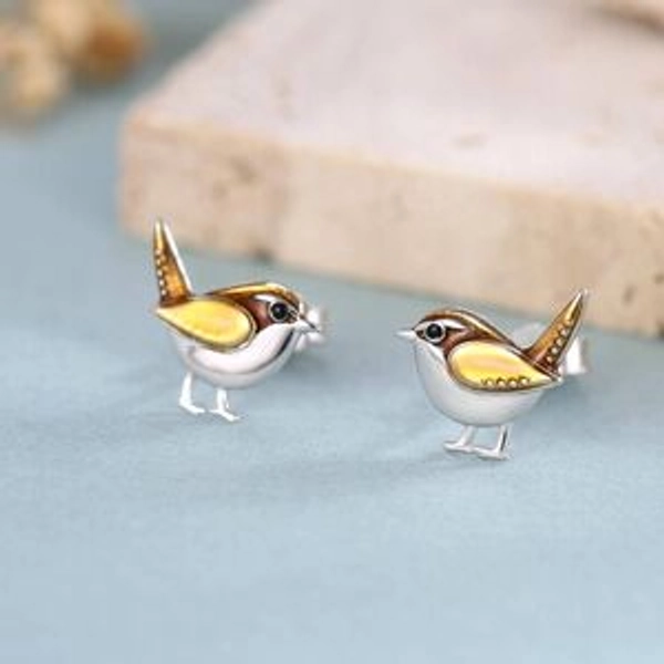 Sterling Silver Tiny Wren Bird Stud Earrings Earrings