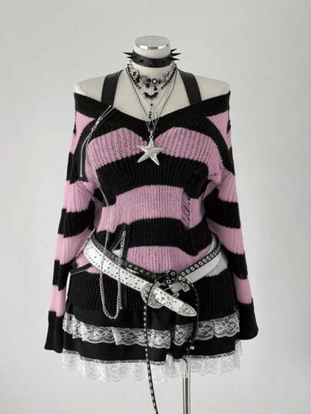 Sunspun Black & White Striped Pullover Sweater With Zipper Decor, Dark Style For Women