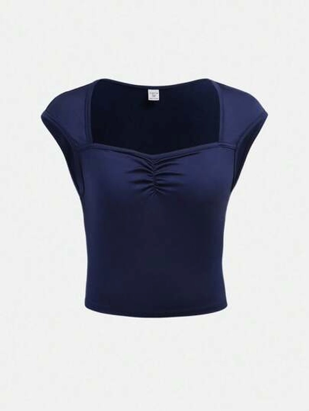 SHEIN Tween Girl Navy Blue Knit Solid Ruched Bust Sweet Academic Casual T-Shirt, Suitable For Back To School , Cute Holiday Family Outdoor Fall Picnic, Everyday Wear Navy Blue Tops Fitted Tops Cap Sleeve Tops