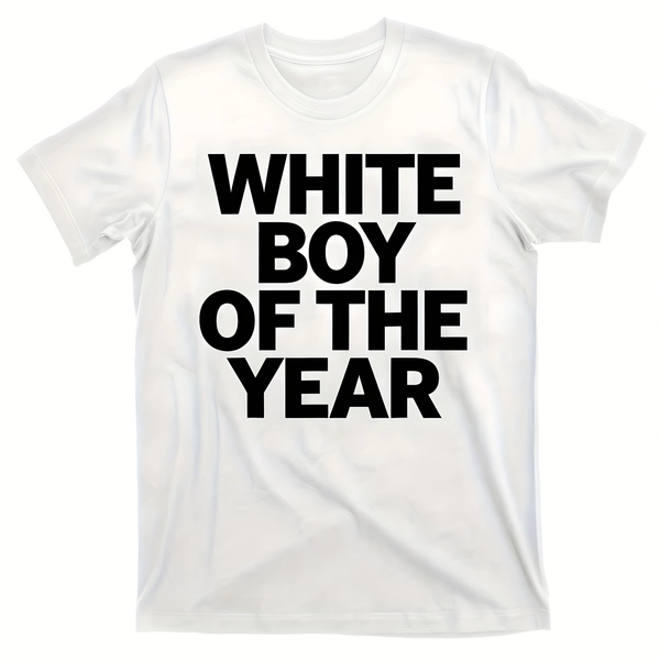 Men's White "White Boy of the Year" Graphic Cotton T-Shirt - Retro Streetwear Style Bold Print, Comfortable Round Neck Short Sleeve Tee, Machine Washable Casual Top for Casual Attire, Allseason Apparel