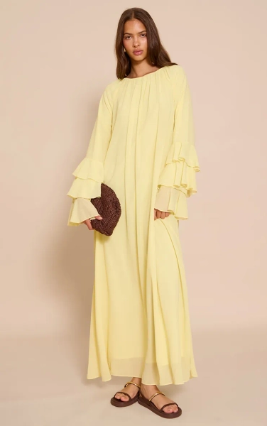 Lemon Chiffon Frill Sleeve Detail Maxi Dress