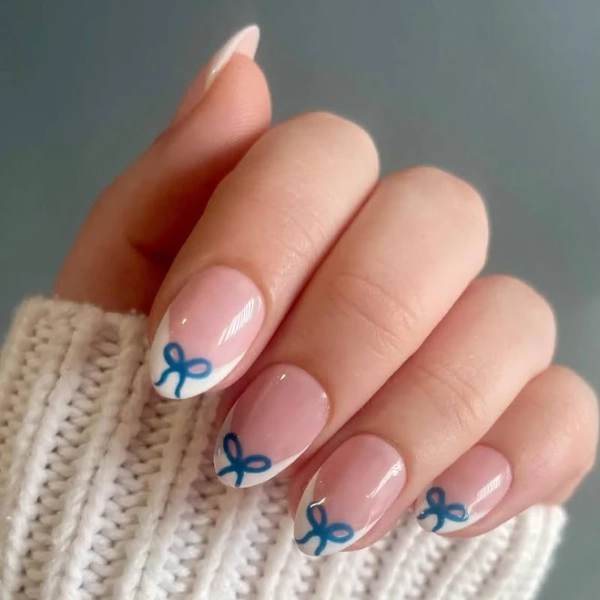 Blue Bow French Tip Press On Nails | Spring Summer Nails | Reusable