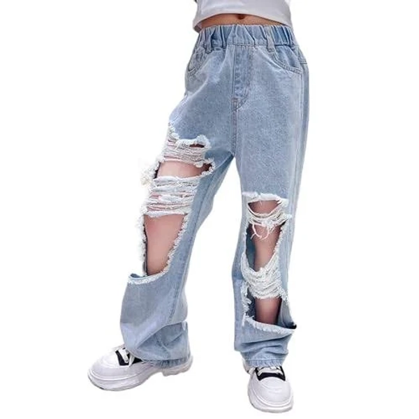 Kids Girl's High-Waisted Straight Leg Ripped Jeans