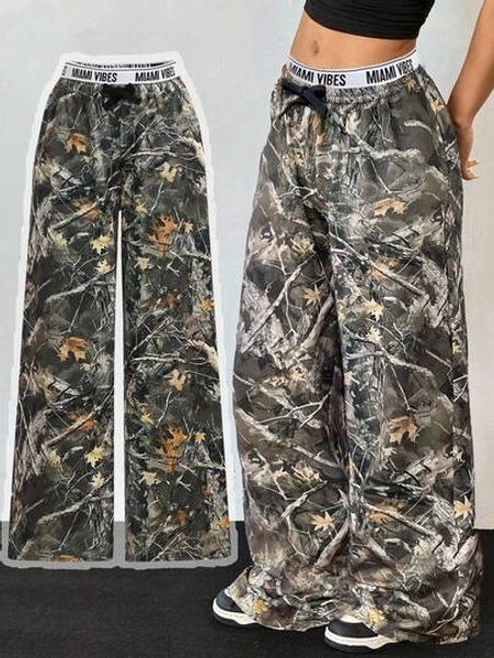 SHEIN Tween Girls Casual Camo Tree Branch Print Knit Mid-Rise Pants Fall Winter
