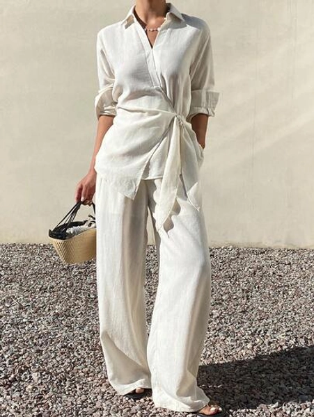 DAZY 2pcs Women Casual Vacation Tie-Waist Loose Shirt Top And Straight Leg Pants Set, Spring/Summer Lounge Sets For Women - Size M