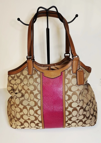 NEW Coach Signature Stripe City Tote Large Khaki &amp; Fuschia Shoulder Bag F31444