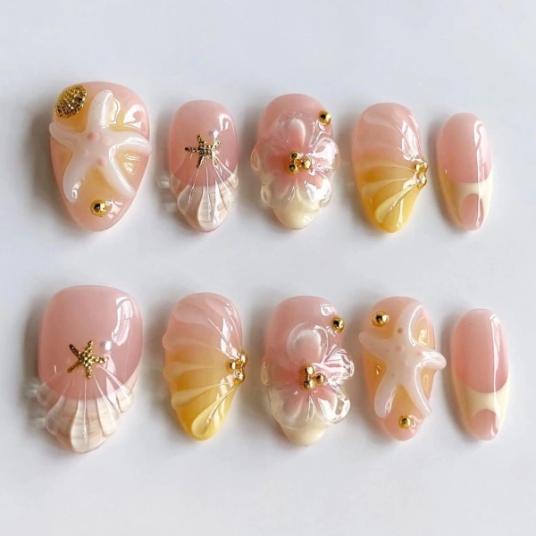 Beach Press On Nails, 3D Starfish & Shell Design, Handmade Summer Ocean Nail Art, Pastel Pink Yellow Nails, Vacation Nail Set, Short Nails.