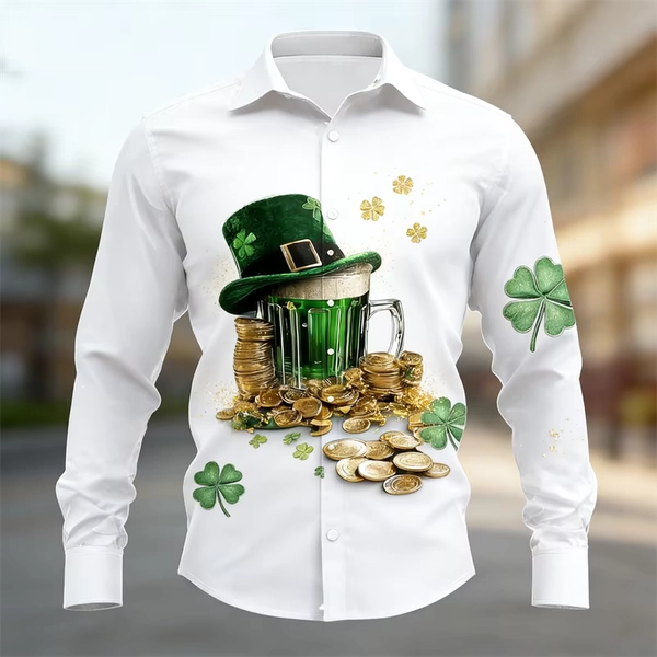 New men's long sleeved shirt with gold wine glass and 3D clover print, fashionable and luxurious long sleeved shirt top - AliExpress 200000343