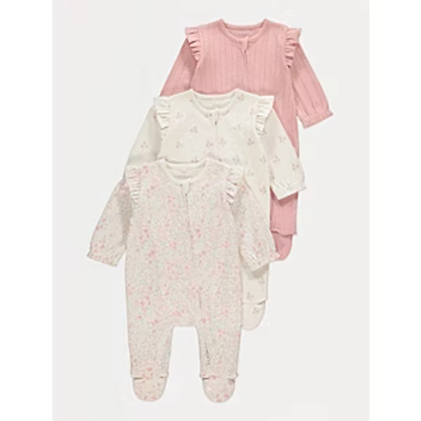 Pink Ditsy Floral Zip Fasten Sleepsuits 3 Pack