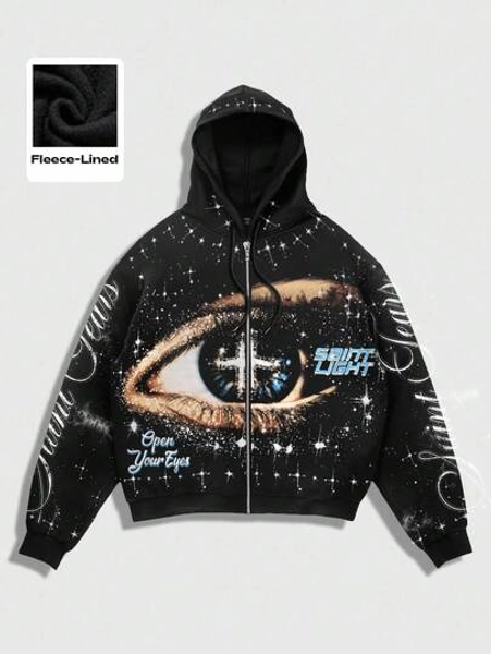 ROMWE MEN Street Life Men's Eye Minimalist Printed Long Sleeve Zip Up Hooded Sweatshirt, Fall Winter