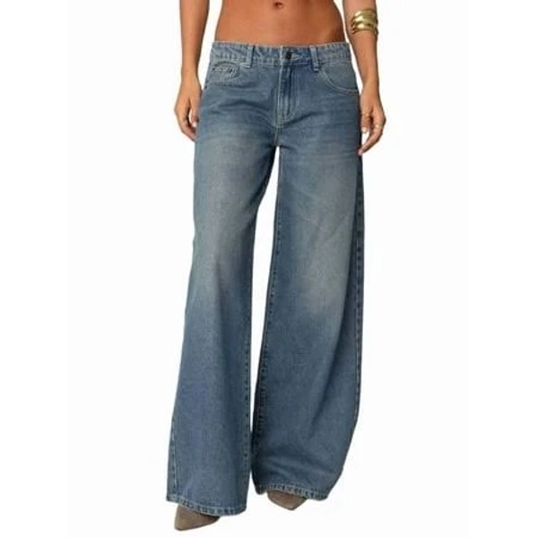 Women's Wide Leg Boyfriend Denim Pants - Low Rise Baggy Casual Loose Jeans - Y2K E-Girl Style Dark Blue S, Size: Small